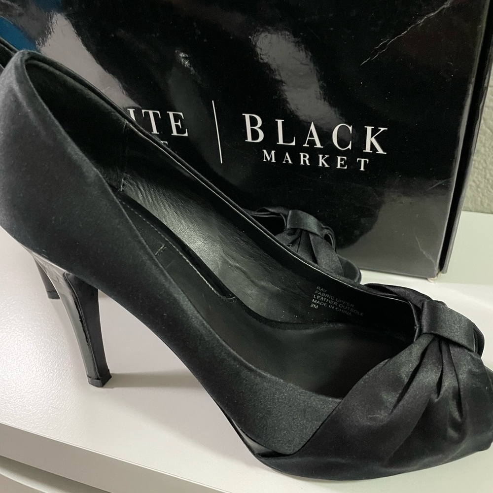 WHBM White House Black Market Ray Black Satin peeptoe pump size 8 worn once